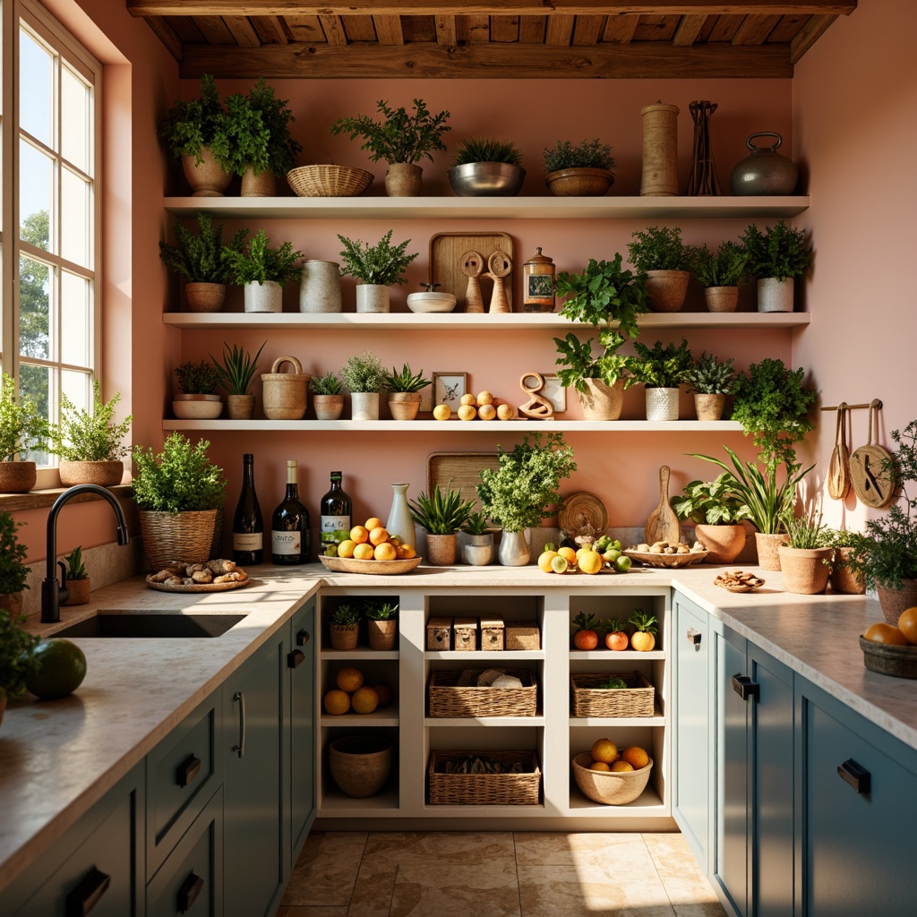 Prompt: Vibrant kitchen pantry, warm golden lighting, rich wood tones, creamy white shelves, rustic metal accents, earthy terracotta pots, lush greenery, fresh herbs, bright citrus fruits, soft peach walls, calming blue-gray cabinets, matte black hardware, natural stone countertops, woven wicker baskets, distressed wooden crates, warm beige flooring, cozy ambient atmosphere, shallow depth of field, 1/2 composition, realistic textures, subtle grain effects.