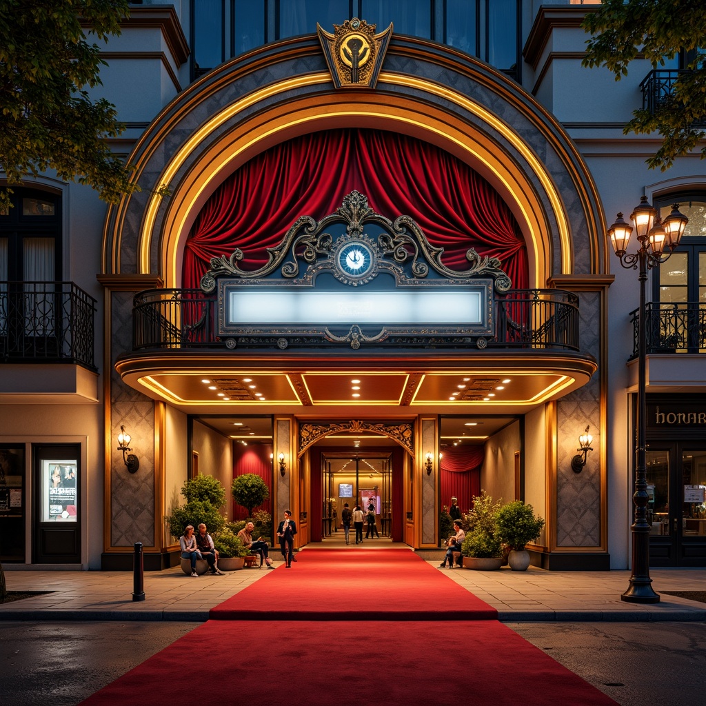 Prompt: Vibrant theater facade, eclectic architectural style, ornate decorations, grand entrance, red carpet, golden accents, intricate moldings, Baroque-inspired details, sweeping curves, dramatic arches, grandiose columns, rich textiles, plush velvet, ornamental lighting, warm spotlights, soft glowing signage, night-time ambiance, 3/4 composition, low-angle shot, cinematic atmosphere, high-contrast rendering, detailed normal maps.