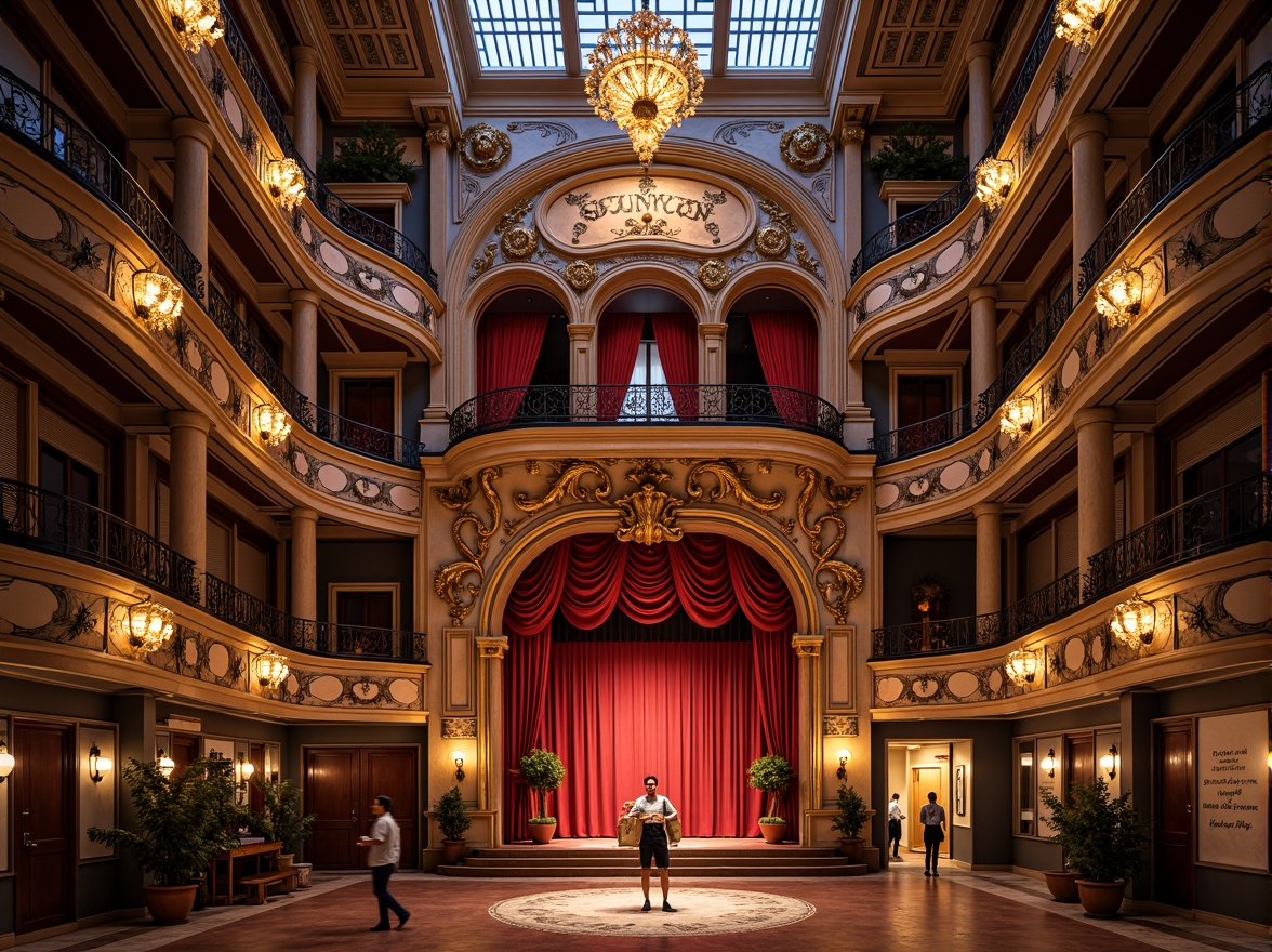 Prompt: Ornate theater facade, eclectic architectural style, grand entrance, intricate stone carvings, ornamental balconies, decorative metalwork, vibrant color scheme, dramatic spotlights, majestic columns, Baroque-inspired details, opulent chandeliers, red carpet, luxurious textiles, golden accents, curved lines, symmetrical composition, warm evening lighting, shallow depth of field, 1/2 composition, realistic textures, ambient occlusion.