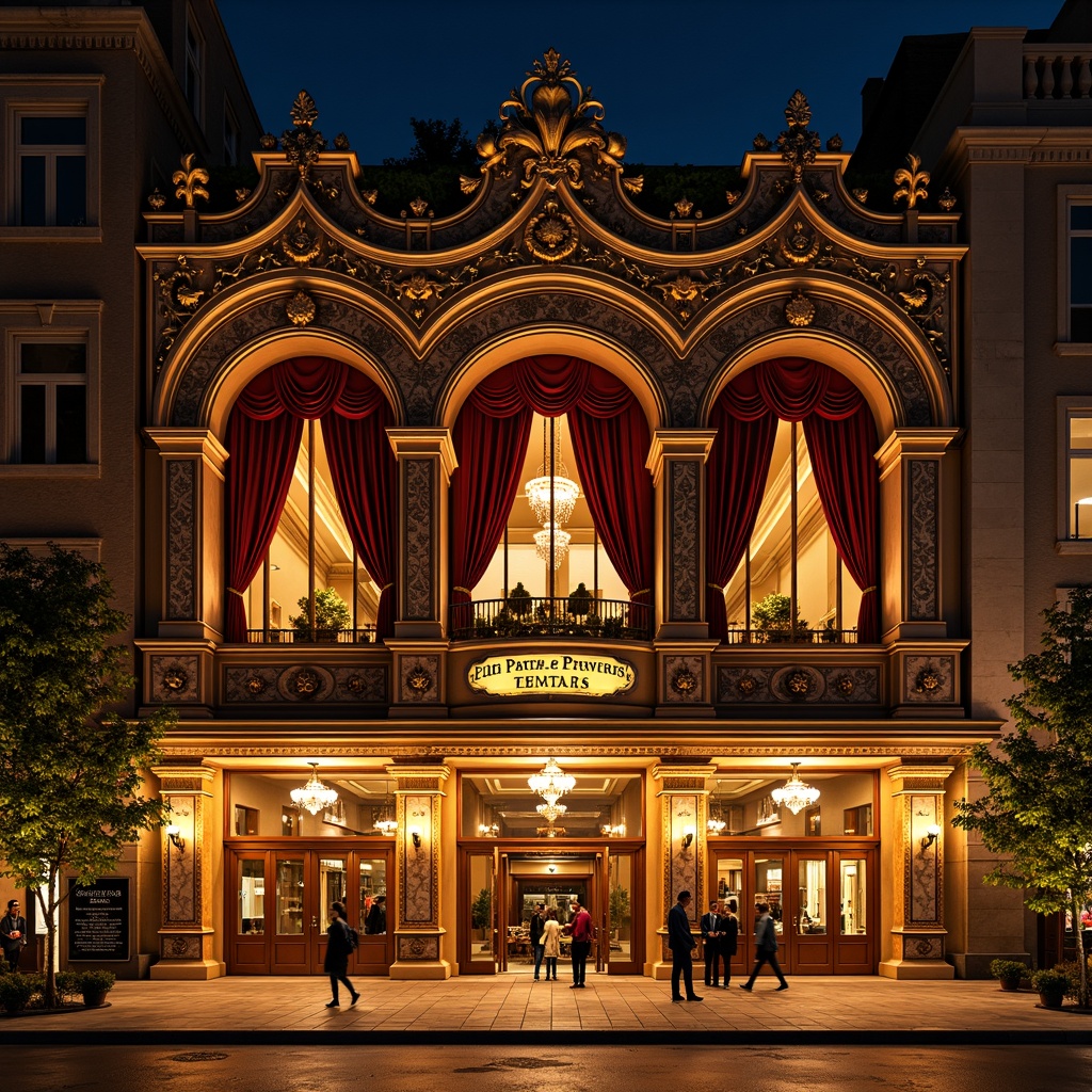 Prompt: Ornate theater facade, eclectic architectural style, grand entrance, ornamental details, lavish decorations, intricate stone carvings, sweeping arches, dramatic columns, vibrant color scheme, patterned tile work, luxurious materials, opulent chandeliers, red velvet curtains, gilded accents, Baroque-inspired motifs, Rococo-style ornaments, Victorian-era influences, nighttime illumination, warm golden lighting, shallow depth of field, 1/1 composition, realistic textures, ambient occlusion.