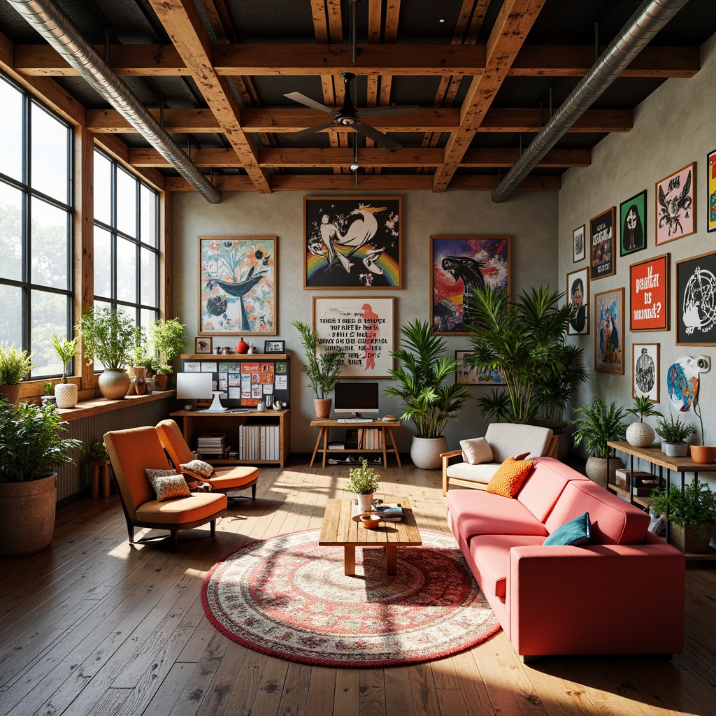 Prompt: Vibrant artistic studio, creative workspace, eclectic furniture, inspirational quotes, modern decorative accents, bold color palette, textured walls, industrial metal beams, rustic wood floors, natural light pouring in, warm cozy atmosphere, soft box lighting, shallow depth of field, 1/1 composition, realistic renderings.