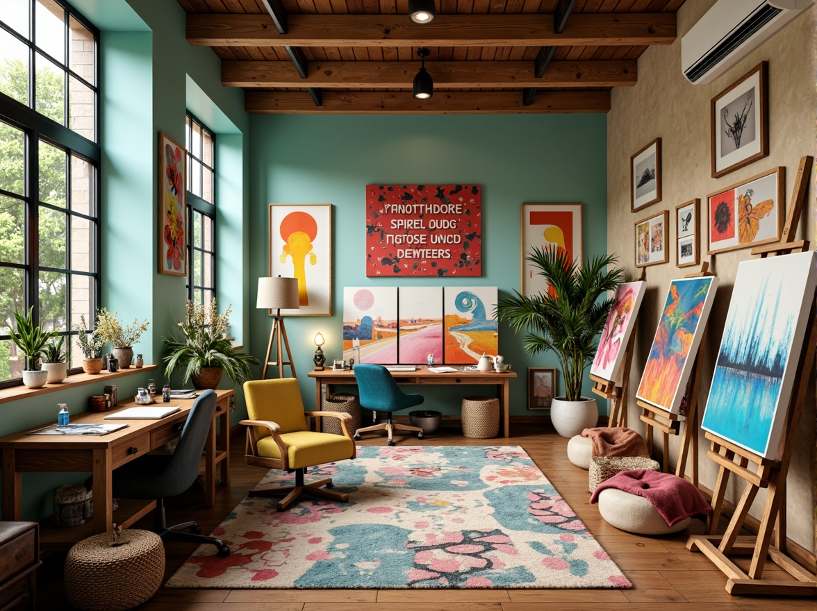 Prompt: Vibrant art studio, eclectic furniture, bold brushstrokes, abstract canvases, artistic easels, colorful palettes, inspirational quotes, natural wood accents, modern track lighting, creative freedom, open space, minimal clutter, organized supplies, ergonomic chairs, stimulating ambiance, warm beige walls, rich turquoise accents, soothing mint undertones, dynamic 3/4 composition, harmonious color harmony, realistic textures, ambient occlusion.