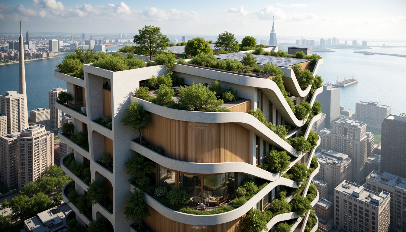 Prompt: Eco-friendly skyscraper, green roofs, solar panels, wind turbines, rainwater harvesting systems, recycled metal fa\u00e7ades, low-carbon concrete structures, FSC-certified wood accents, bamboo flooring, living walls, vertical gardens, natural ventilation systems, large windows, minimal shading devices, soft diffused lighting, 1/1 composition, realistic textures, ambient occlusion.