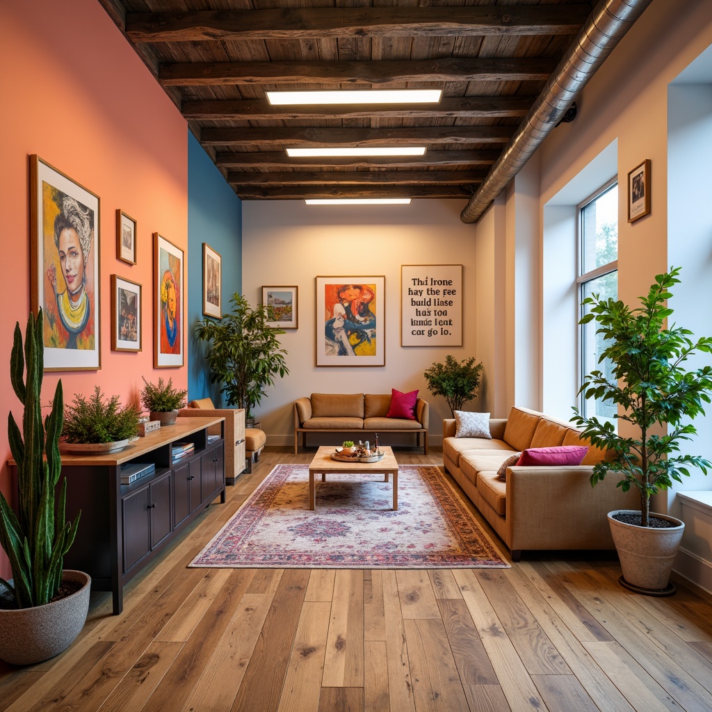 Prompt: Vibrant art studio, eclectic furniture pieces, bold accent walls, natural wood flooring, abstract artwork, creative lighting fixtures, pastel color scheme, soft warm glow, cozy atmosphere, relaxed seating areas, inspirational quotes, minimal ornamentation, modern decor style, shallow depth of field, 1/2 composition, warm lighting, ambient occlusion.