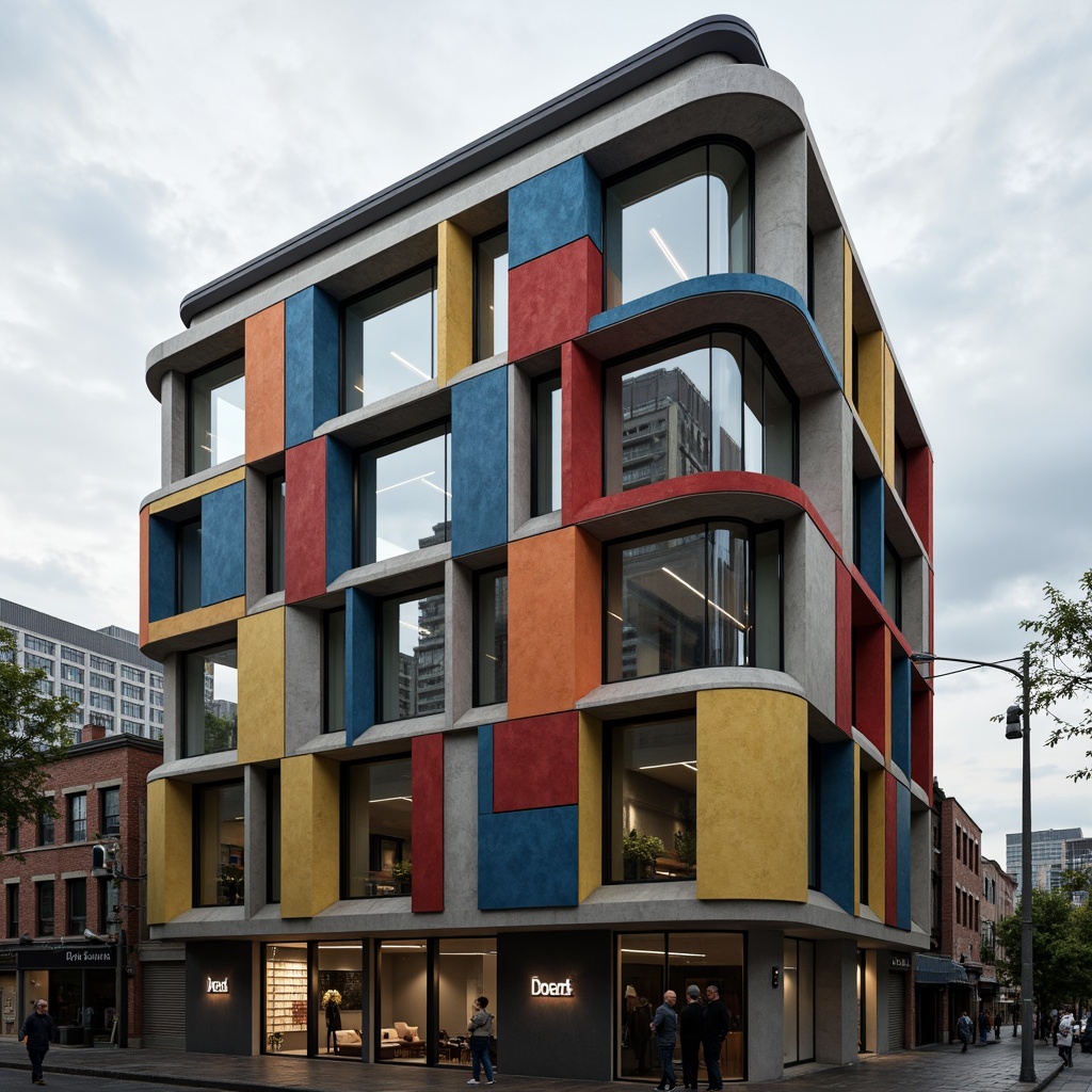 Prompt: Geometric constructivist building, fragmented forms, overlapping planes, bold color blocks, textured concrete walls, exposed steel beams, industrial metal pipes, minimalist windows, urban cityscape, cloudy grey sky, dramatic shadows, high-contrast lighting, shallow depth of field, 2/3 composition, architectural photography, realistic renderings, ambient occlusion.