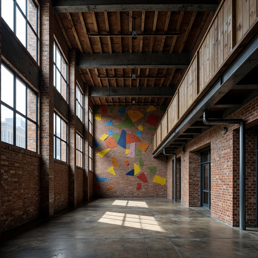 Prompt: Rustic industrial building, exposed brick walls, metallic beams, distressed wood accents, urban landscape, abstract geometric patterns, fragmented shapes, bold color blocking, brutalist architecture, raw concrete textures, weathered steel surfaces, gritty urban atmosphere, dramatic chiaroscuro lighting, high contrast ratio, 1/2 composition, shallow depth of field, atmospheric perspective.