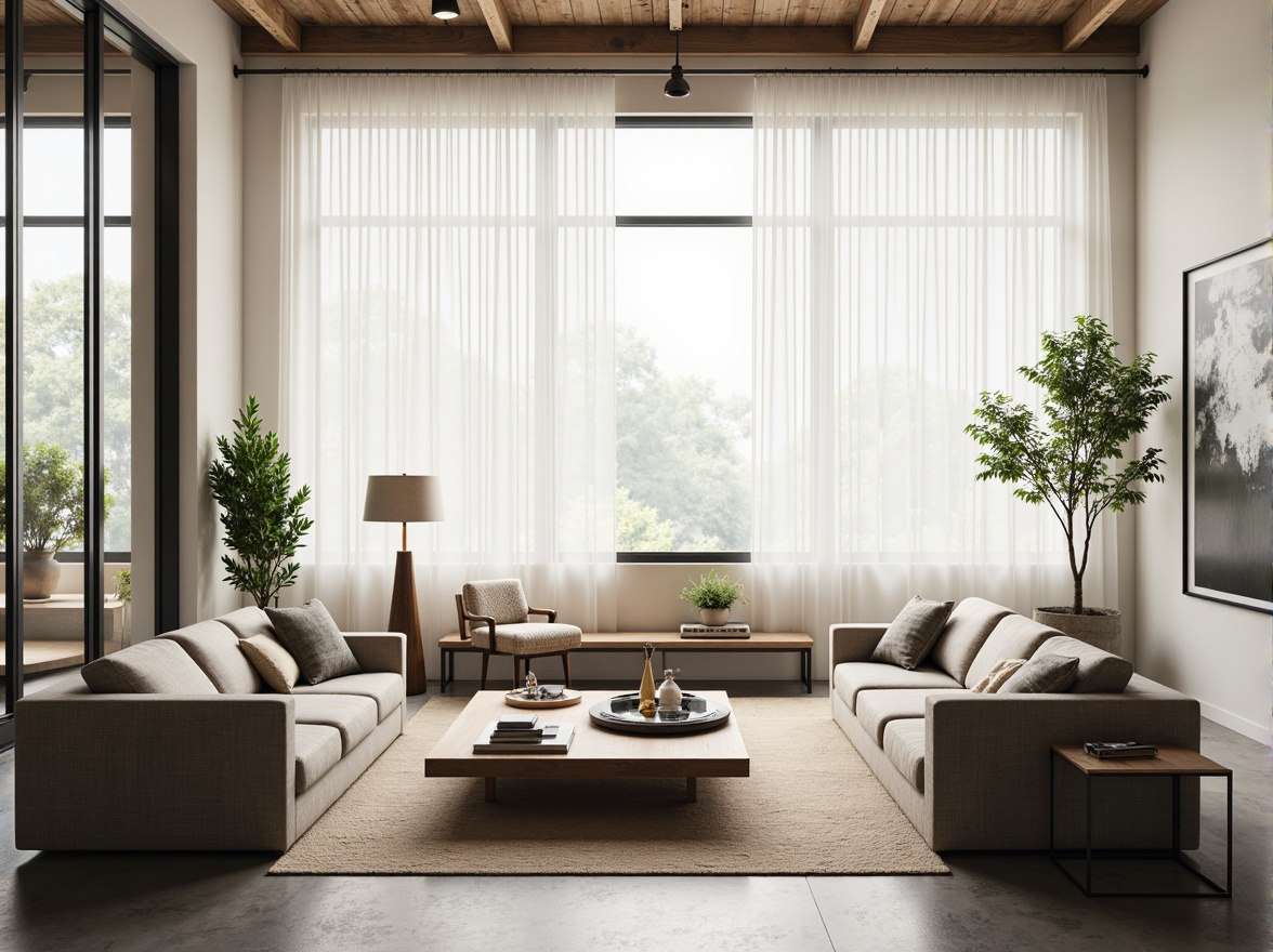 Prompt: Serene living room, neutral color palette, soft natural light, minimal ornamentation, clean lines, simple shapes, low-profile furniture, comfortable sofas, sleek coffee tables, floor-to-ceiling windows, sheer white curtains, polished concrete floors, industrial-chic lighting fixtures, greenery accents, calm atmosphere, shallow depth of field, 1/1 composition, warm and cozy ambiance, realistic textures, ambient occlusion.