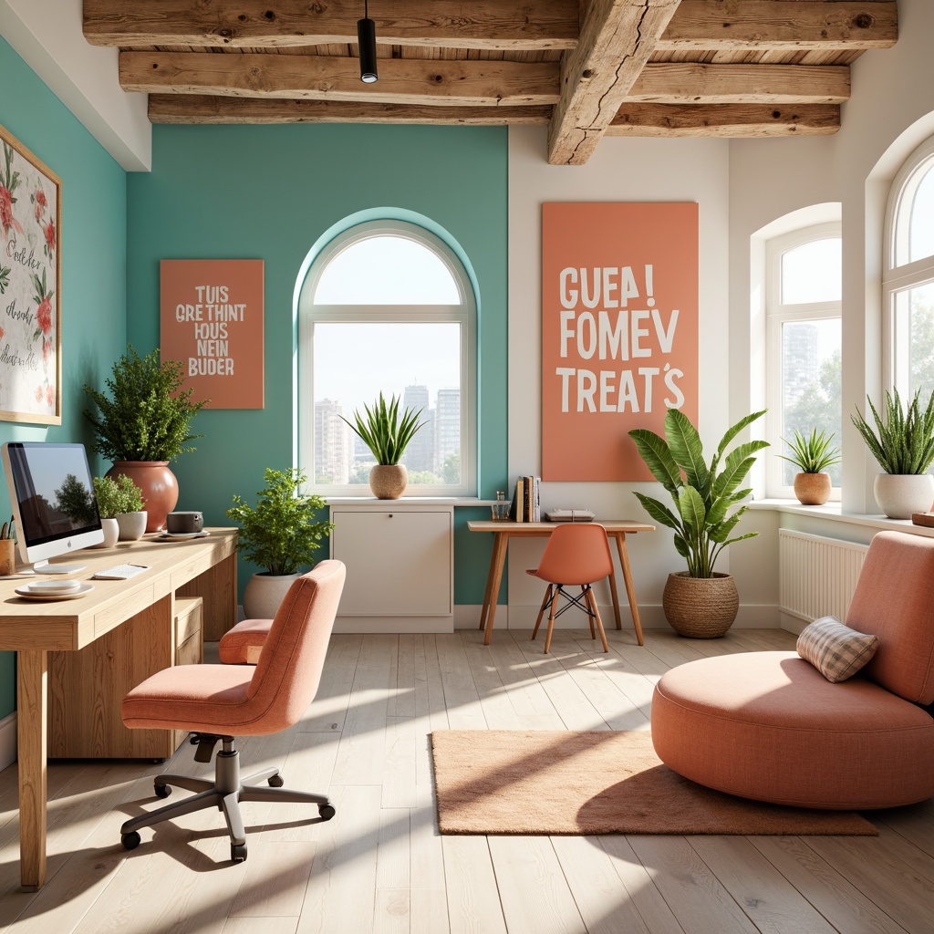 Prompt: Vibrant creative studio, pastel color scheme, soft peach tones, rich turquoise accents, creamy whites, warm beige backgrounds, natural textures, wooden desks, ergonomic chairs, inspirational quotes, modern minimalist decor, plenty of natural light, indirect sunlight, subtle shadows, 1/2 composition, relaxed atmosphere, calming ambiance.