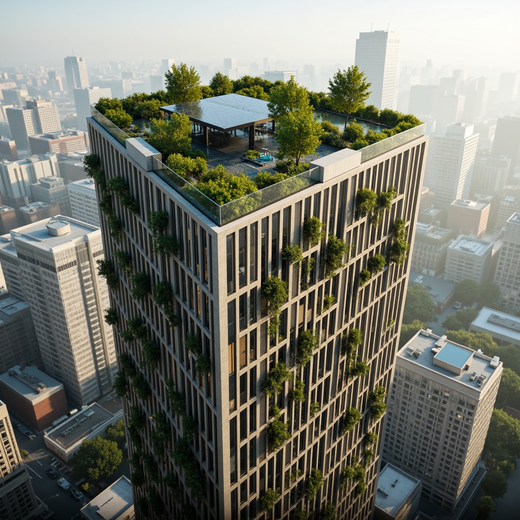 Prompt: Eco-friendly skyscraper, green roofs, solar panels, wind turbines, water conservation systems, recycled metal fa\u00e7ades, low-carbon concrete structures, bamboo floors, reclaimed wood accents, living walls, vertical gardens, natural ventilation systems, abundant daylight, soft warm lighting, minimalist interior design, modern sleek lines, angular shapes, urban cityscape views, misty morning atmosphere, shallow depth of field, 3/4 composition, panoramic view, realistic textures, ambient occlusion.