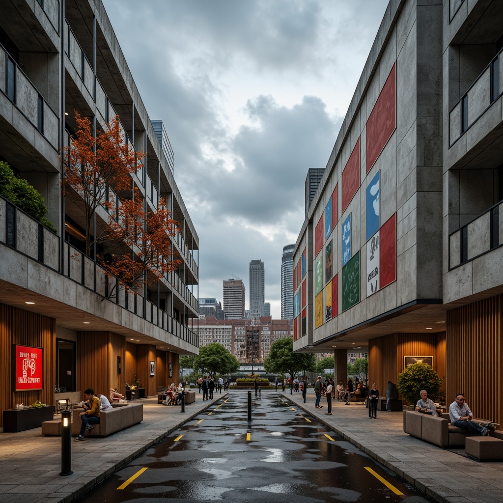 Prompt: Rustic concrete walls, geometric metal frameworks, abstract sculptural forms, bold colorful murals, distressed wood accents, industrial-style lighting fixtures, minimalist decor, urban cityscape background, overcast sky with dramatic clouds, high-contrast lighting, shallow depth of field, 1/2 composition, cinematic perspective, gritty realistic textures, ambient occlusion.