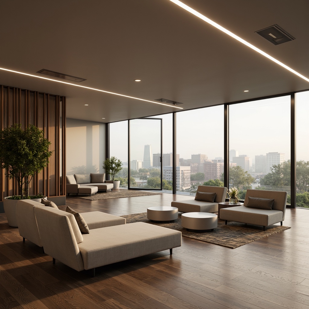 Prompt: Sleek minimalist interior, neutral color palette, clean lines, monochromatic scheme, natural materials, wooden floors, plain walls, subtle textures, ambient lighting, recessed LED lights, geometric furniture, low-profile sofas, ottomans, minimal ornamentation, greenery accents, potted plants, floor-to-ceiling windows, sliding glass doors, cityscape views, soft warm glow, shallow depth of field, 1/1 composition, realistic render, atmospheric mist.