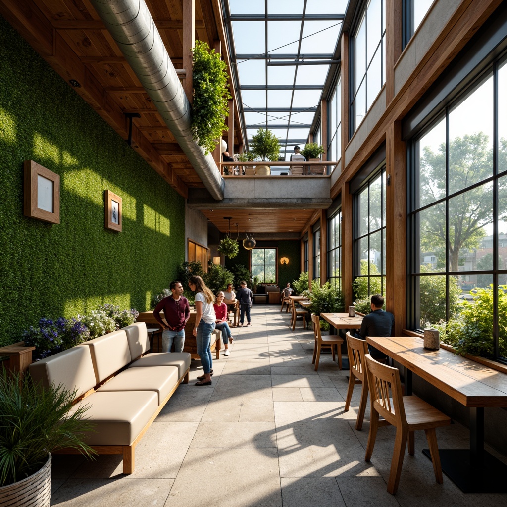 Prompt: Cozy coffee shop interior, reclaimed wood accents, living green walls, natural stone flooring, earthy color palette, minimalist decor, industrial metal beams, large skylights, warm soft lighting, comfortable seating areas, rustic wooden tables, potted plants, aromatic coffee scents, morning sunlight, shallow depth of field, 1/2 composition, realistic textures, ambient occlusion.