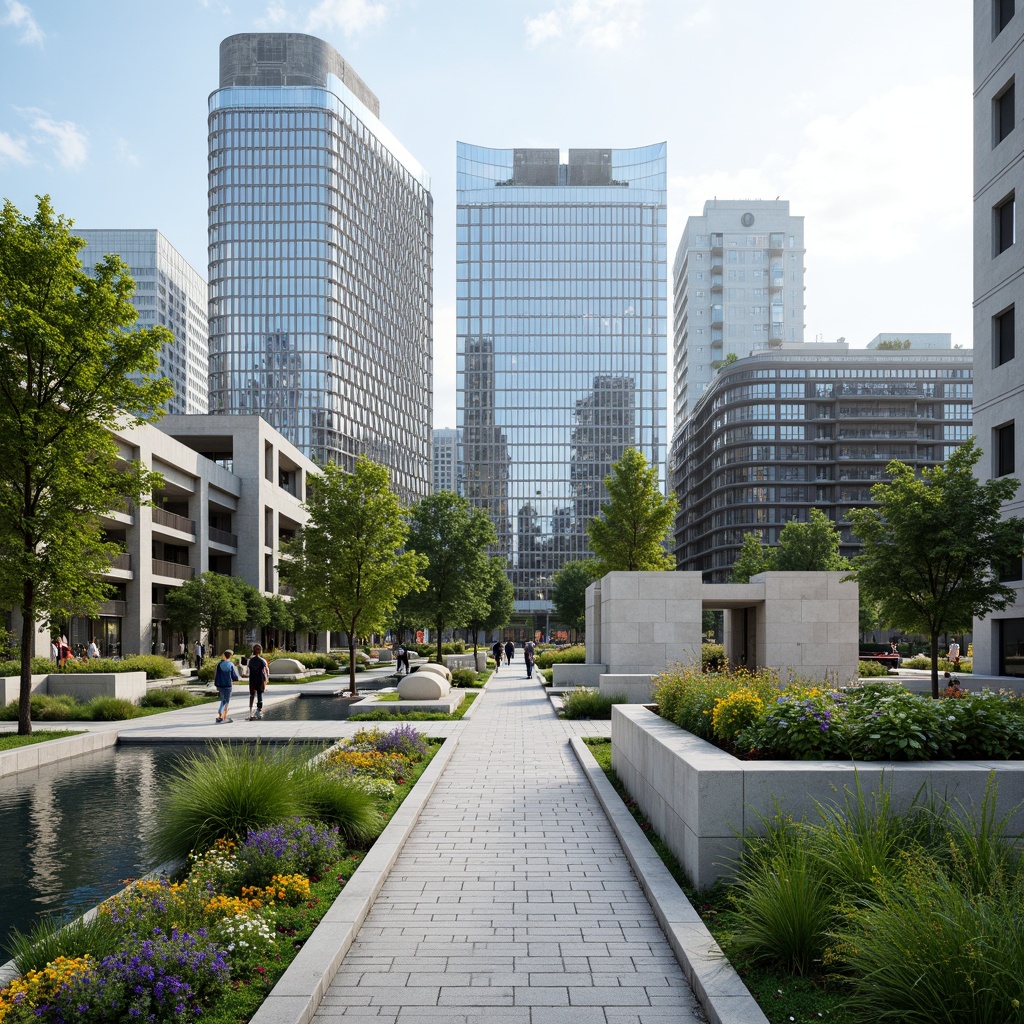 Prompt: Modern bank architecture building, sleek glass facades, minimalist design, urban landscape, green roofs, eco-friendly materials, innovative water features, large stone walls, geometric planters, abstract sculptures, vibrant colorful flowers, lush greenery, natural stone walkways, shallow depth of field, 3/4 composition, panoramic view, realistic textures, ambient occlusion.