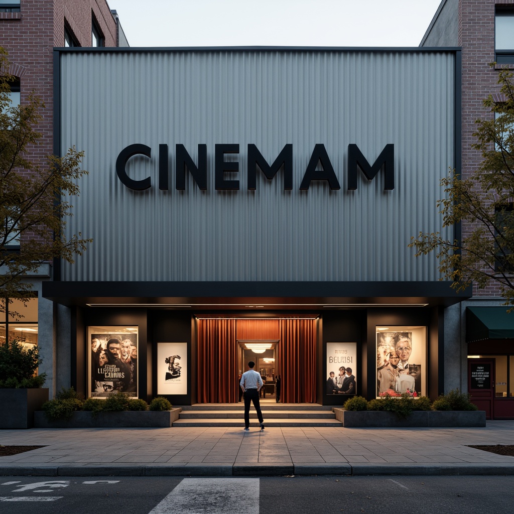 Prompt: Minimalist cinema exterior, geometric facade, industrial metal cladding, bold typography signage, rectangular forms, clean lines, monochromatic color scheme, urban cityscape, morning misty atmosphere, softbox lighting, shallow depth of field, 2/3 composition, cinematic camera angles, realistic textures, ambient occlusion, luxurious velvet curtains, rich wood paneling, ornate metallic fixtures, sleek marble floors, bold graphic patterns, vibrant accent colors, avant-garde film posters.