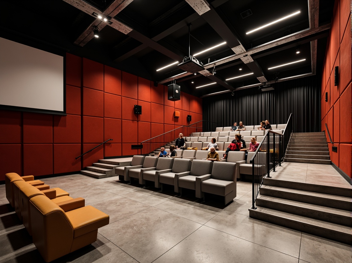 Prompt: Minimalist cinema interior, industrial-chic decor, exposed ductwork, polished concrete floors, geometric-shaped seating, sleek metal railings, functional lighting fixtures, bold color accents, dynamic spatial arrangements, open-plan layout, flexible modular design, adaptive acoustic panels, state-of-the-art projection technology, immersive cinematic experience, atmospheric ambient lighting, 1/2 composition, low-angle shot, shallow depth of field, realistic textures, subtle camera movements.