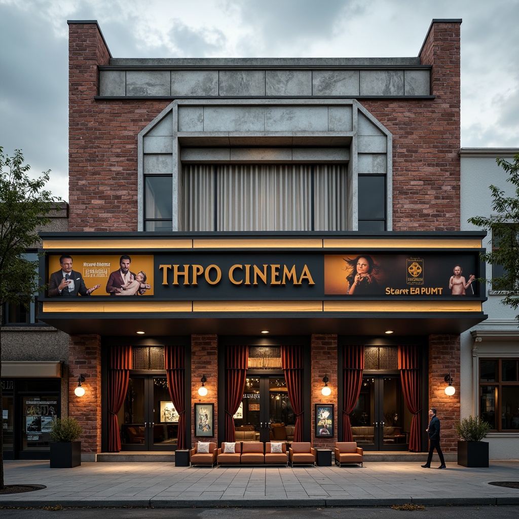 Prompt: Retro-futuristic cinema building, geometric shapes, primary color scheme, industrial metal beams, exposed brick walls, concrete floors, minimalist decor, functional typography, vintage movie posters, ornate metal doors, distressed leather seats, rich velvet curtains, metallic accents, urban cityscape background, cloudy grey sky, dramatic low-key lighting, shallow depth of field, 1/1 composition, cinematic aspect ratio, film noir-inspired aesthetic, high-contrast textures, ambient occlusion.