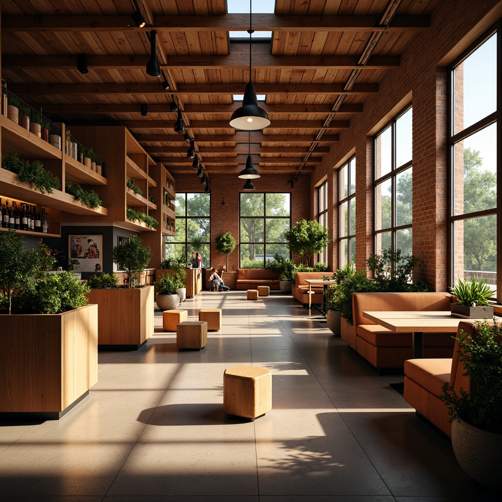 Prompt: Cozy coffee shop interior, warm natural lighting, wooden accents, rustic brick walls, comfortable seating areas, plush sofas, wooden tables, pendant lamps, greenery plants, large windows, skylights, soft warm glow, sunny day, shallow depth of field, 1/1 composition, realistic textures, ambient occlusion.