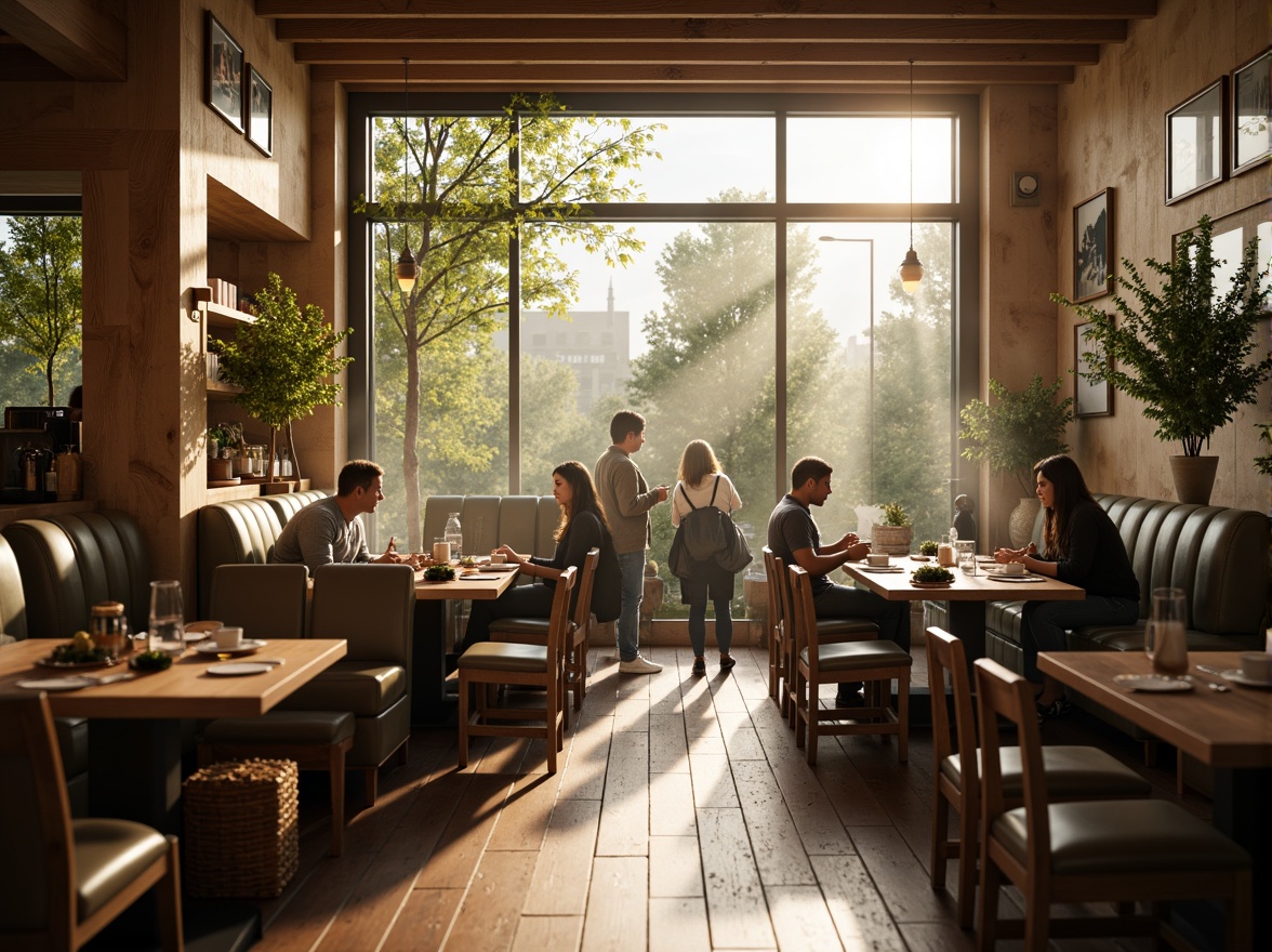 Prompt: Cozy coffee shop, large windows, natural light pouring in, warm beige walls, rustic wooden furniture, greenery accents, lively atmosphere, bustling crowd, steamy cups, aromatic coffee scent, soft ambient lighting, warm color tones, 1/2 composition, shallow depth of field, realistic textures, ambient occlusion.