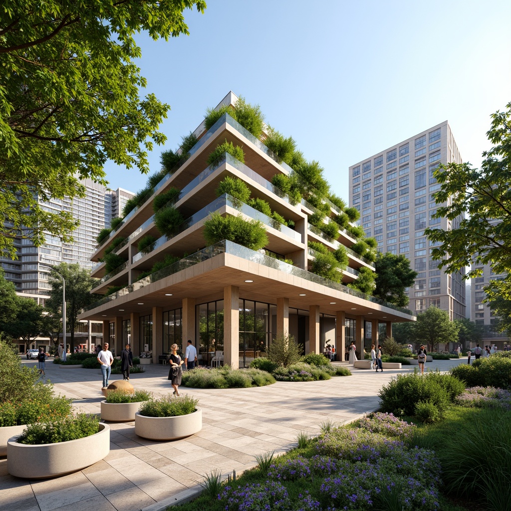 Prompt: Eco-friendly banking hub, futuristic architecture, cantilevered rooflines, green walls, solar panels, wind turbines, rainwater harvesting systems, natural stone flooring, reclaimed wood accents, minimalist decor, circular columns, open-plan layout, LED lighting, energy-efficient systems, living green roofs, urban oasis, bustling cityscape, warm sunny day, shallow depth of field, 3/4 composition, panoramic view, realistic textures, ambient occlusion.