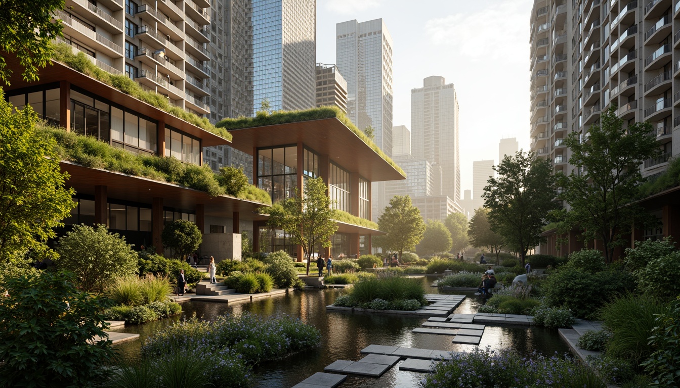 Prompt: Vibrant green roofs, lush vertical gardens, modern angular architecture, experimental building designs, futuristic fa\u00e7ades, metallic cladding, cantilevered structures, dynamic lighting systems, shallow water features, stepping stone pathways, abstract sculptures, eclectic plant species, urban forest surroundings, misty morning atmosphere, warm golden lighting, 1/2 composition, wide-angle lens, realistic reflections, ambient occlusion.