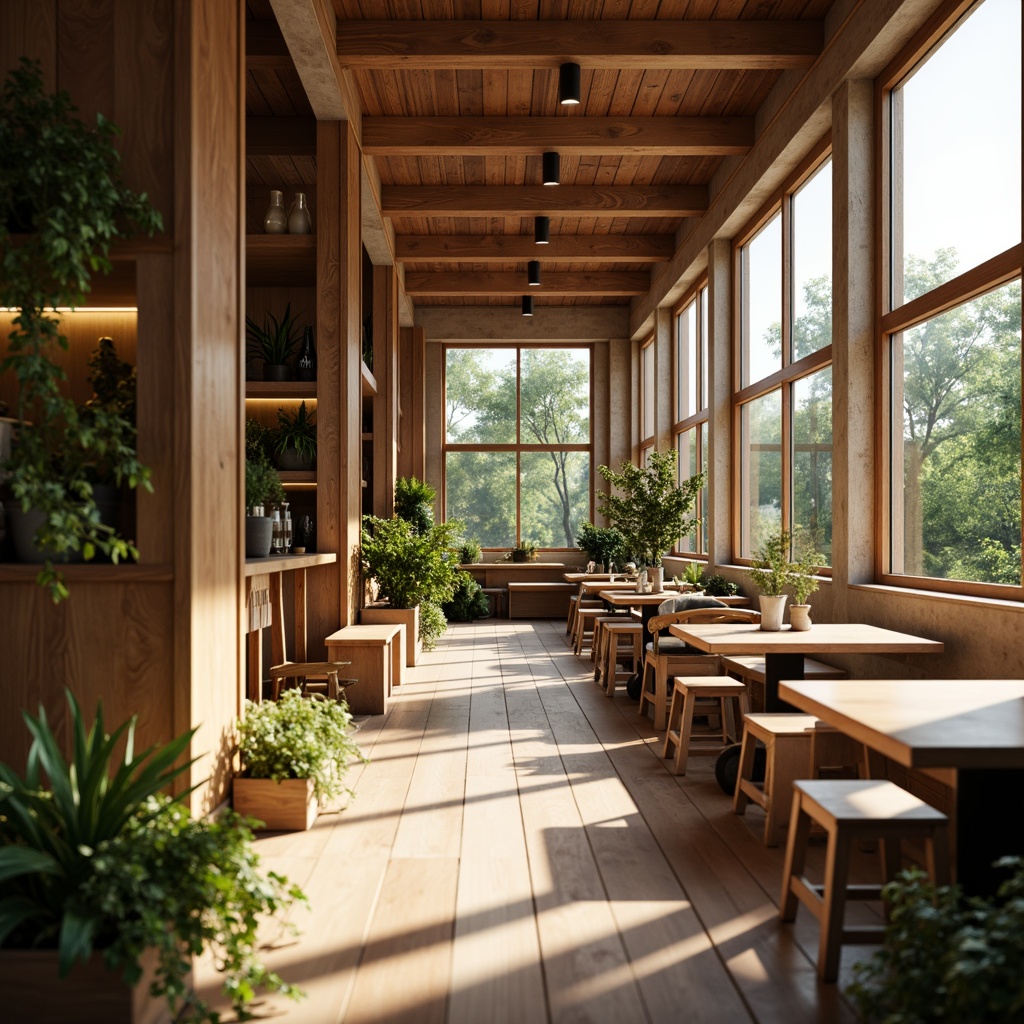 Prompt: Cozy coffee shop interior, natural wood accents, warm earthy tones, large windows, soft diffused lighting, morning sunlight, greenery plants, wooden tables, comfortable seating, minimal decor, rustic charm, warm color palette, subtle textures, ambient atmosphere, 1/2 composition, shallow depth of field, realistic rendering.