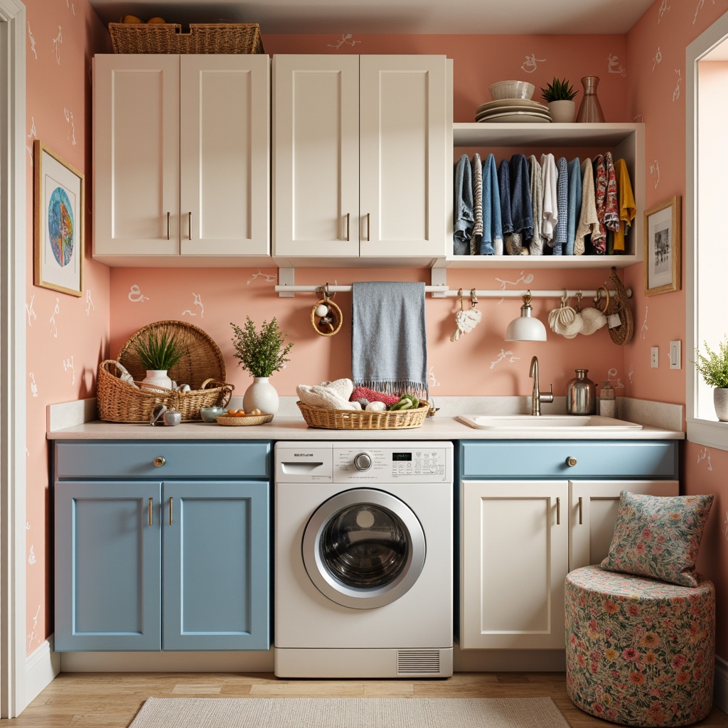 Prompt: Vibrant laundry space, pastel color scheme, soft peach walls, creamy white cabinets, sky blue accents, warm beige floors, natural wood textures, playful polka dots, whimsical illustrations, distressed denim fabrics, faded rainbow hues, eclectic mix of patterns, vintage-inspired washing machines, rustic metal decorations, cozy ambient lighting, shallow depth of field, 1/1 composition, intimate atmosphere.