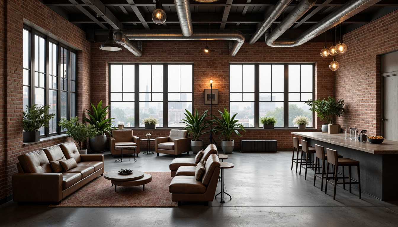 Prompt: Industrial-chic hotel lobby, exposed brick walls, reclaimed wood accents, metal beams, polished concrete floors, industrial-style lighting fixtures, Edison bulbs, urban modern furniture, minimalist decor, neutral color palette, raw unfinished textures, distressed leather upholstery, metallic tone accessories, urban cityscape views, morning foggy atmosphere, soft warm lighting, shallow depth of field, 1/1 composition, realistic materials rendering.