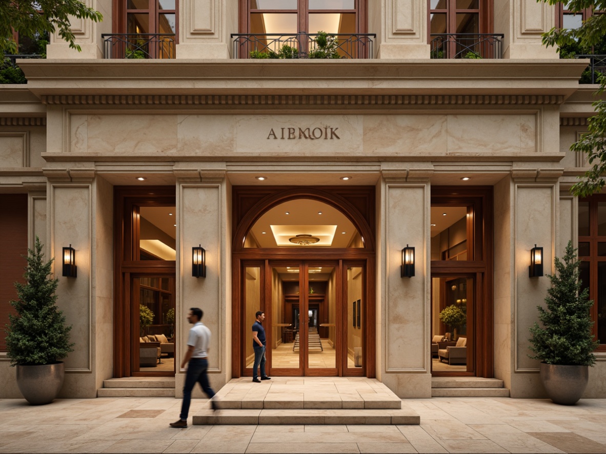 Prompt: Elegant bank building, neoclassical fa\u00e7ade, ornate stonework, grand entrance, symmetrical composition, rectangular windows, arched doorways, copper accents, bronze hardware, rich wood tones, marble flooring, high ceilings, sophisticated lighting, warm beige color scheme, subtle texture overlays, 1/1 aspect ratio, shallow depth of field, softbox lighting, realistic reflections.