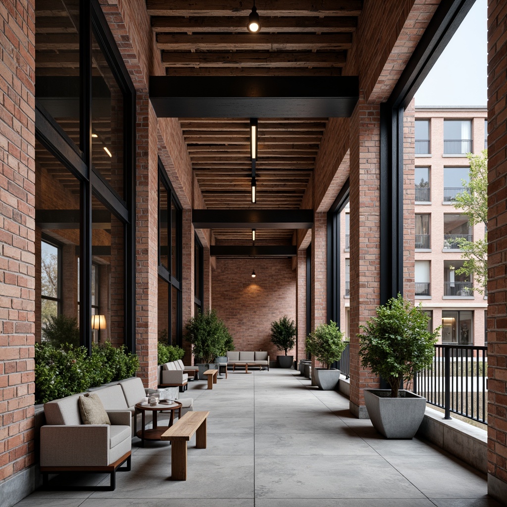 Prompt: industrial brick facade, metal accents, urban cityscape; Interior