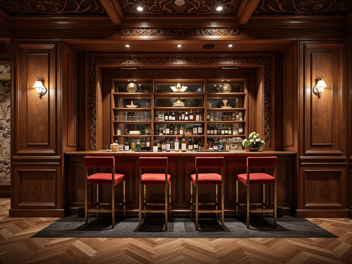 Prompt: Luxurious home bar, rich wood tones, ornate carvings, comfortable velvet stools, polished chrome accents, glass shelves, wine racks, antique-inspired decorations, warm ambient lighting, soft shadows, 1/2 composition, intimate atmosphere, realistic reflections, detailed textures.