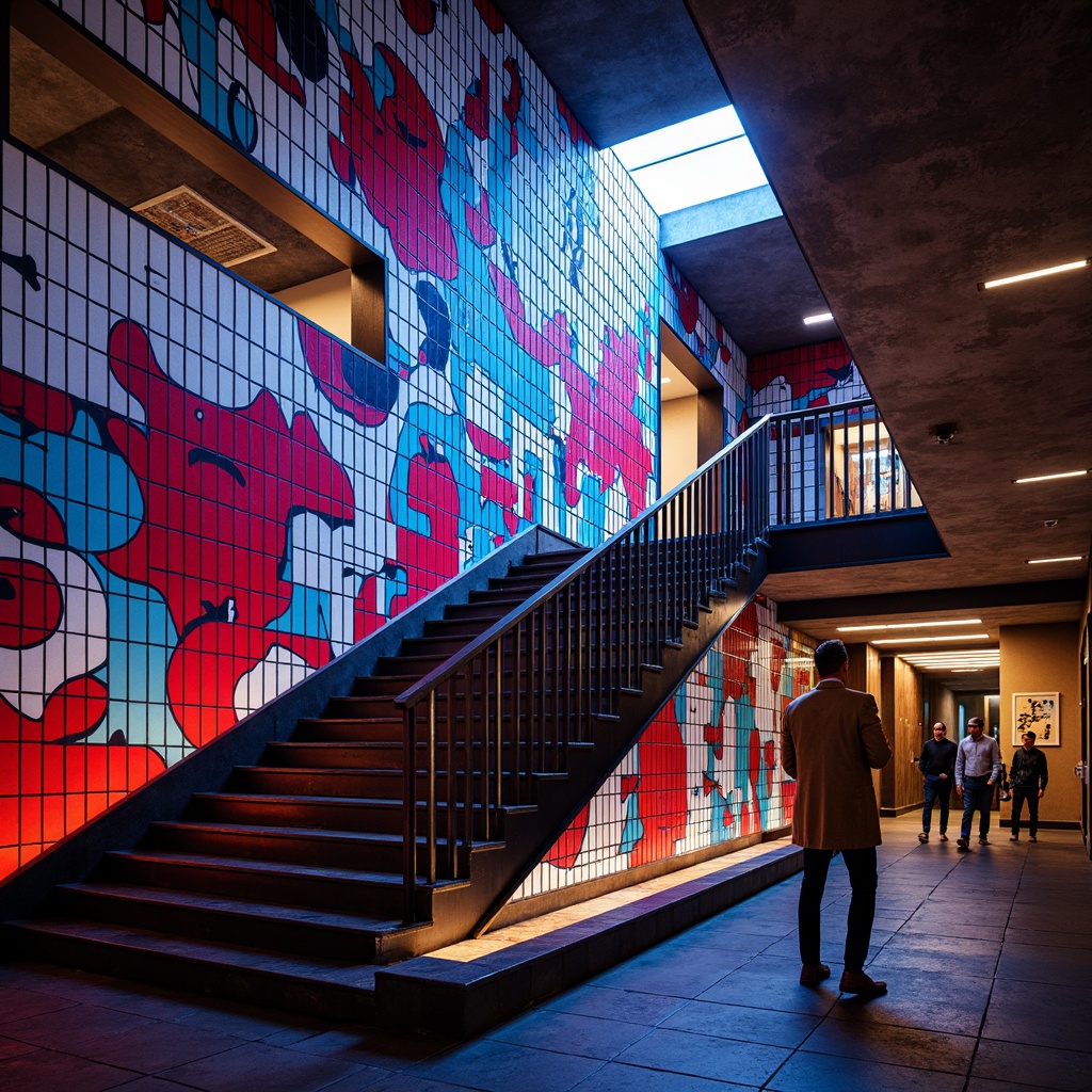 Prompt: Vibrant staircase, expressive wall art, bold geometric patterns, colorful mosaic tiles, abstract shapes, dynamic LED lighting, futuristic ambiance, sleek metal railings, minimalist design, industrial chic atmosphere, urban modernism, brutalist architecture, raw concrete textures, dramatic shadows, low-key lighting, 1/1 composition, high-contrast colors, avant-garde style, artistic freedom, emotive visuals.