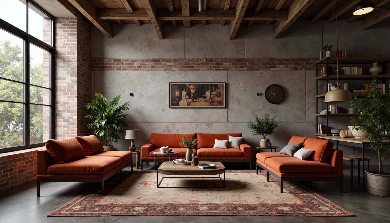 Prompt: Richly upholstered velvet sofas, distressed wood accents, industrial metal frames, plush area rugs, minimalist concrete floors, natural stone walls, tactile brick textures, soft warm lighting, cozy throw blankets, eclectic vintage decor, moody color palette, dramatic shadows, 1/1 composition, high-contrast ratio, ambient occlusion.