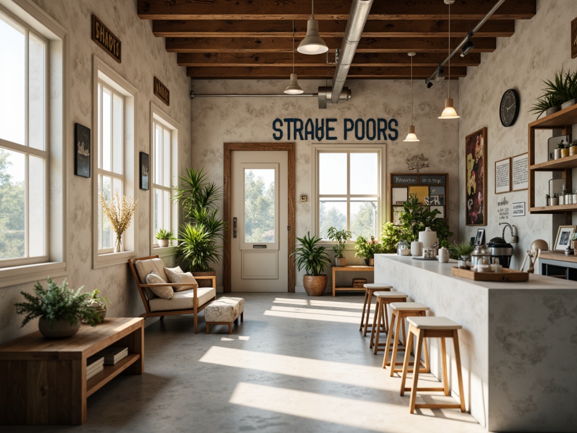 Prompt: Soft pastel hues, gentle whites, creamy beiges, calming blues, warm earthy tones, rustic wooden accents, vintage metal signs, distressed brick walls, cozy natural lighting, shallow depth of field, 1/1 composition, serene atmosphere, realistic textures, ambient occlusion.