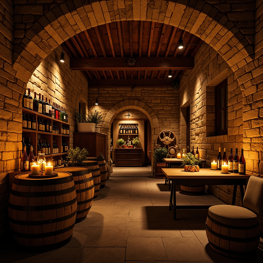 Prompt: Rustic wine cellar, stone walls, wooden barrels, dimly lit ambiance, warm golden lighting, candlelit tables, vintage wine bottles, rich wood accents, earthy tones, cozy seating areas, brick archways, ornate metalwork, soft shadows, dramatic spotlights, ambient glow, 1/1 composition, intimate atmosphere, realistic textures.