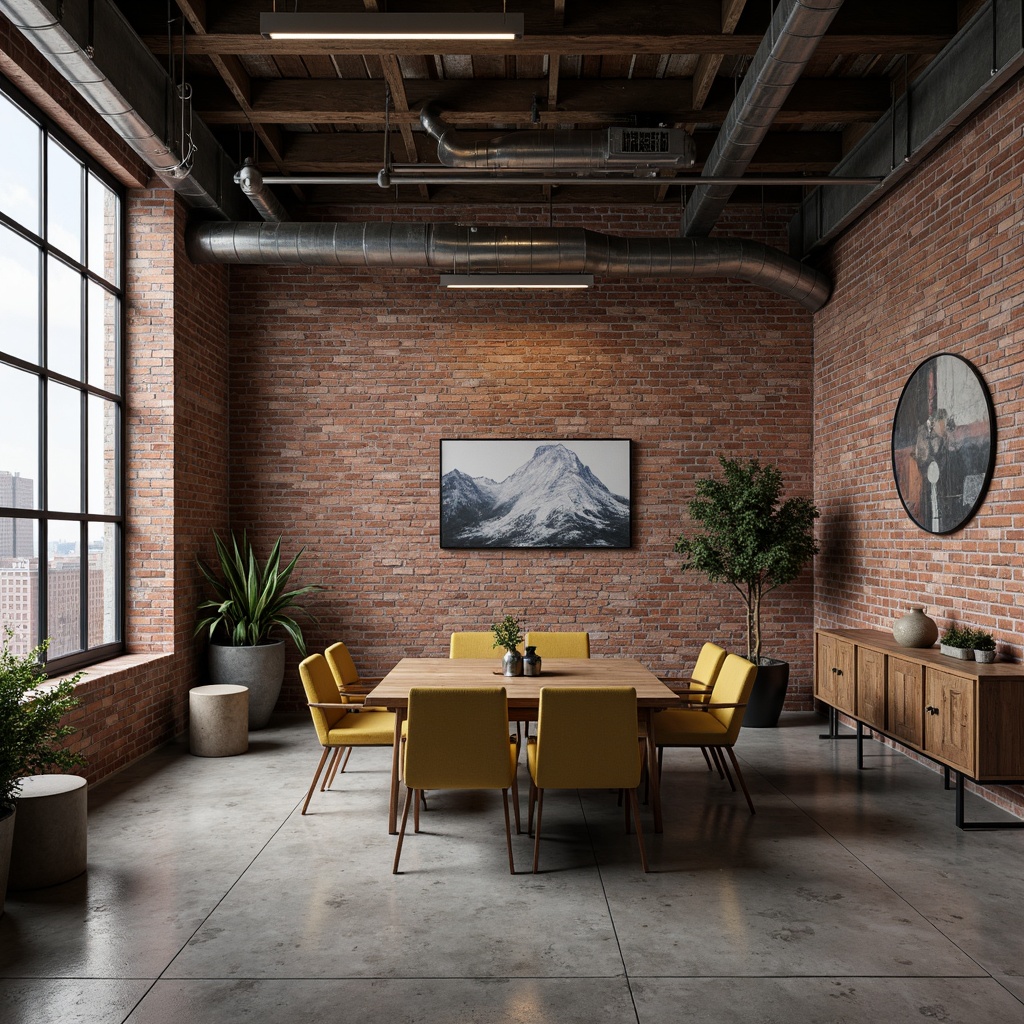 Prompt: Exposed brick walls, industrial chic decor, metal beams, reclaimed wood accents, distressed finishes, urban cityscape views, neutral background tones, rich earthy shades, deep blues and greens, bold yellow highlights, metallic silvers and coppers, high-contrast lighting, dramatic shadows, gritty textures, realistic renderings.