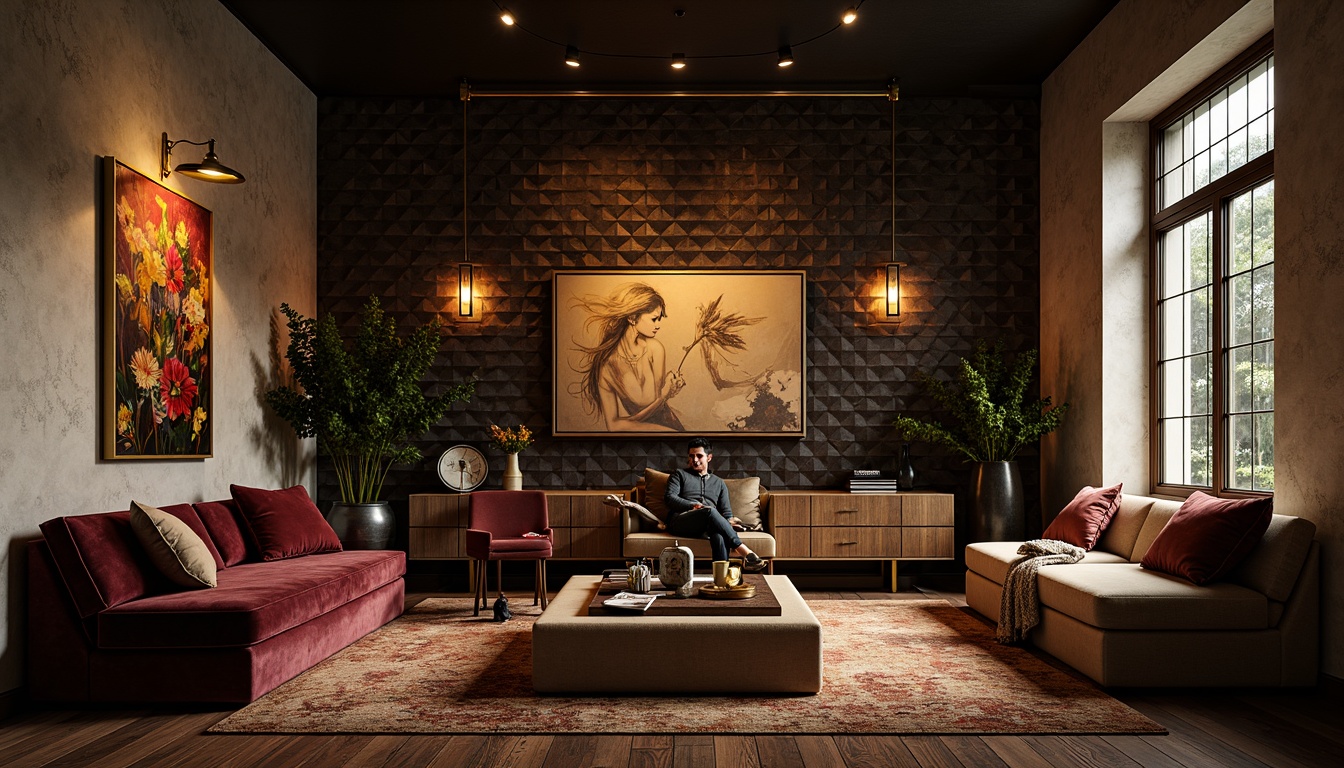 Prompt: Richly textured walls, bold geometric patterns, eclectic furniture pieces, luxurious velvet fabrics, metallic accents, reclaimed wood floors, industrial-chic lighting fixtures, abstract artwork, moody color palette, atmospheric ambiance, dramatic shadows, warm golden lighting, 1/1 composition, realistic reflections, high-contrast ratio.