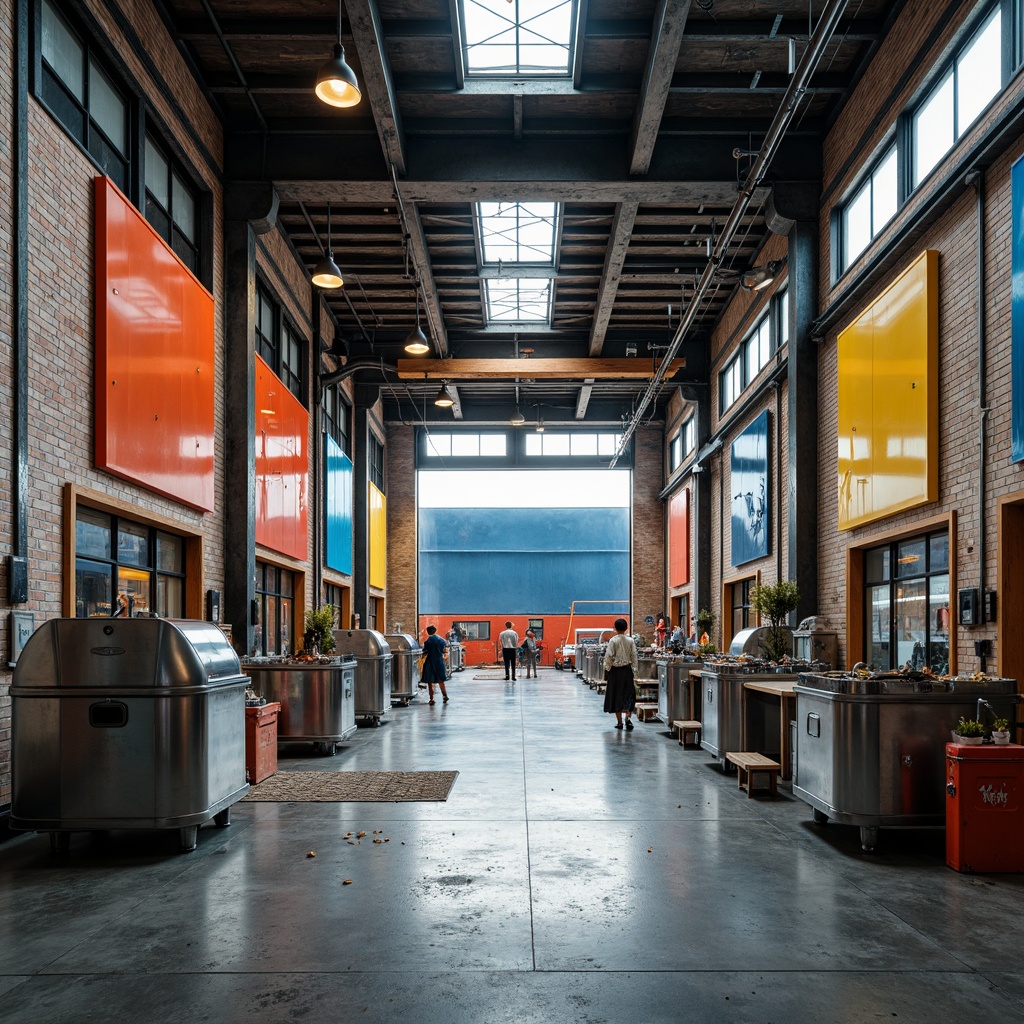 Prompt: Vibrant industrial workshop, exposed brick walls, metal beams, polished concrete floors, pops of bright colors, bold yellow accents, deep blue tones, energetic orange hues, sleek steel equipment, modern machinery, urban cityscape, cloudy day, soft natural lighting, shallow depth of field, 1/2 composition, realistic metallic textures, ambient occlusion.