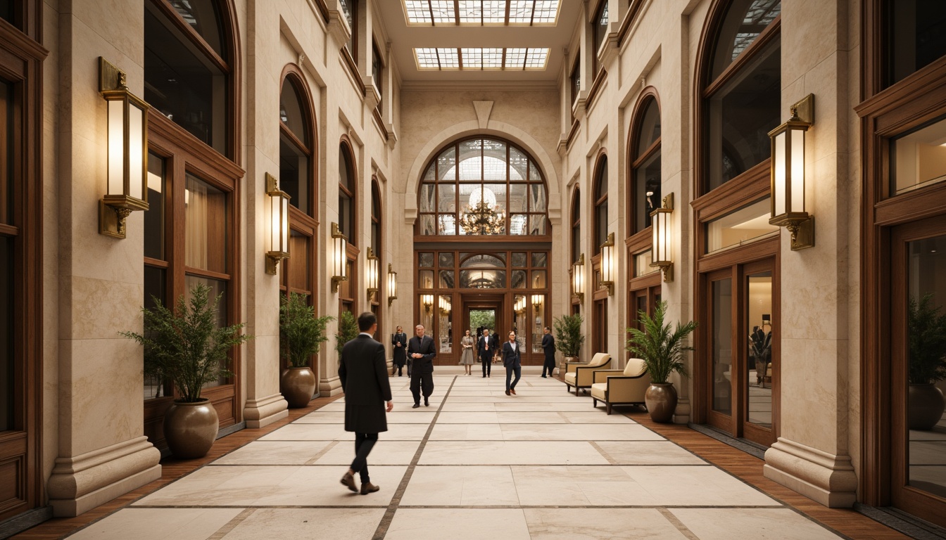 Prompt: Elegant bank building, neoclassical facade, symmetrical composition, grand entrance, ornate details, bronze door handles, marble columns, high ceilings, large windows, arched frames, stained glass patterns, subtle lighting, warm beige tones, rich wood accents, sophisticated atmosphere, formal interior spaces, executive offices, luxurious furnishings, refined textures, shallow depth of field, 1/2 composition, realistic reflections, ambient occlusion.