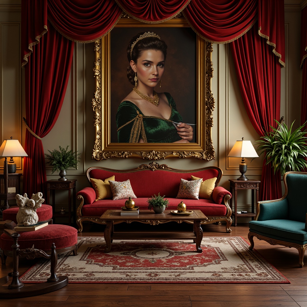 Prompt: Rich velvet drapes, ornate gilded frames, warm golden lighting, lavish furnishings, intricate carvings, luxurious textiles, crimson red accents, emerald green hues, creamy whites, dark wood tones, antique furniture pieces, vintage craft tools, eclectic decorative objects, soft focus, shallow depth of field, warm color harmony, 2/3 composition.