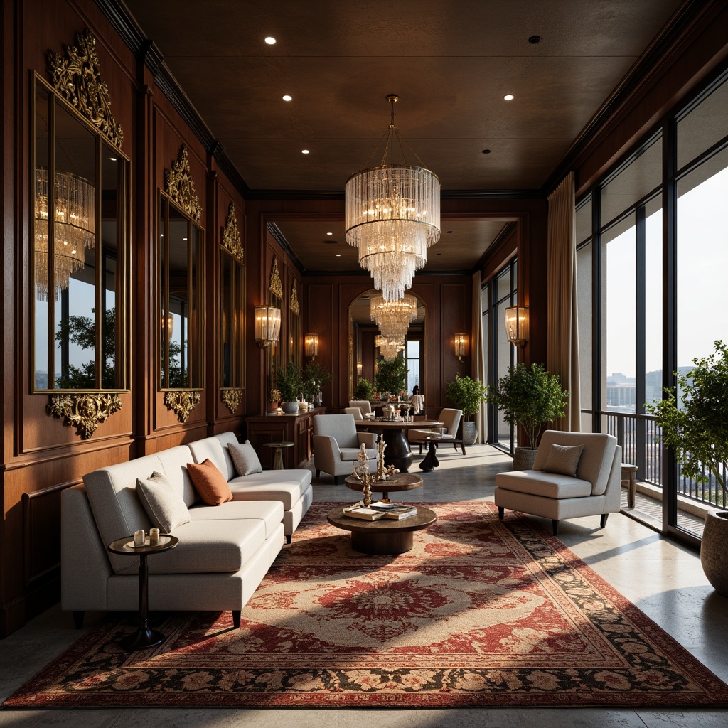 Prompt: Luxurious interior space, elegant furnishings, ornate mirrors, crystal chandeliers, plush area rugs, rich wood tones, metallic accents, sophisticated color palette, lavish textiles, intricate patterns, statement pieces, modern minimalism, sleek lines, subtle shine, ambient lighting, warm glow, 1/1 composition, shallow depth of field, realistic reflections.