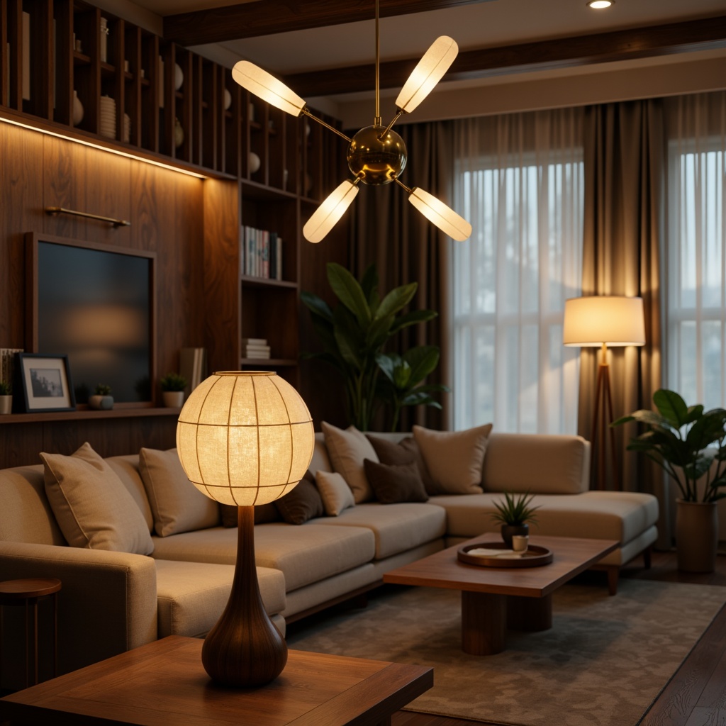 Prompt: Sleek mid-century modern living room, warm ambient lighting, brass sputnik chandeliers, geometric pendant lamps, minimalist table lamps, rounded globe pendants, textured linen shades, wooden accents, natural materials, earthy color palette, cozy atmosphere, soft warm glow, shallow depth of field, 3/4 composition, realistic textures, ambient occlusion.