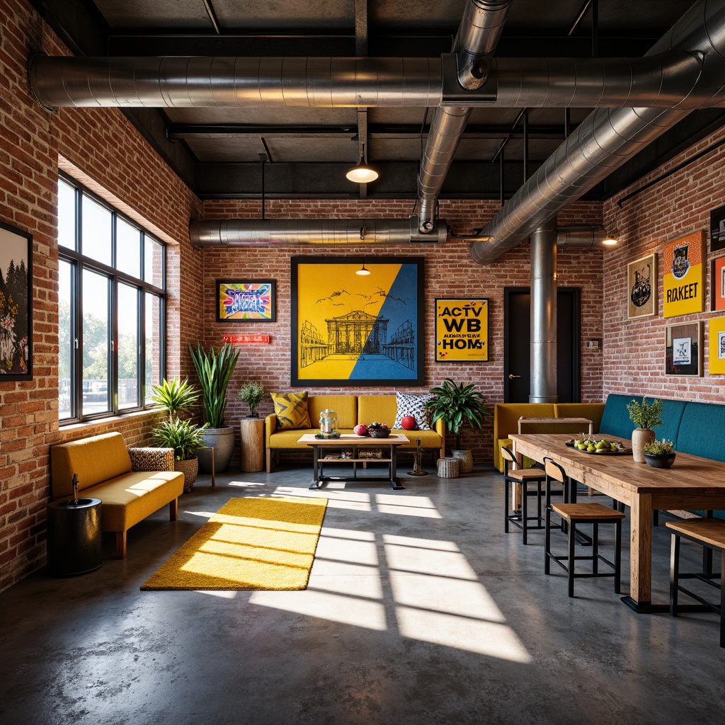 Prompt: Vibrant industrial interior, exposed brick walls, polished concrete floors, modern metal beams, colorful accents, bold geometric patterns, neon signs, reclaimed wood furniture, sleek metallic lighting fixtures, urban loft atmosphere, natural light pouring in, high ceilings, open space, minimalist decor, pops of bright yellow, deep blue, and fiery orange, subtle texture overlays, soft focus blur, 1/2 composition, warm color grading.