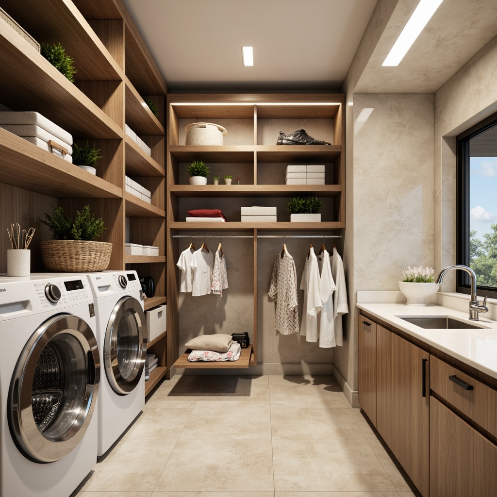 Prompt: Modern laundry room, sleek metal shelving units, compact storage cabinets, hanging organizers, retractable clotheslines, built-in ironing boards, energy-efficient washing machines, advanced drying technologies, soft-close drawers, quartz countertops, LED lighting, minimalist design, eco-friendly materials, wall-mounted folding tables, hidden hamper compartments, pull-out laundry sorters, chrome-plated faucets, porcelain flooring, natural stone accents, warm beige color scheme, shallow depth of field, 1/1 composition, realistic textures.