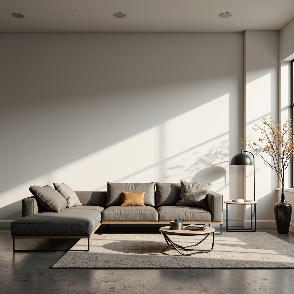 Prompt: Minimalist living room, sleek low-profile sofa, monochromatic color scheme, polished concrete floor, geometric-shaped coffee table, industrial metal legs, simple floor lamps, limited decorative accents, ample negative space, natural light pouring in, soft warm glow, shallow depth of field, 1/1 composition, realistic textures, ambient occlusion.