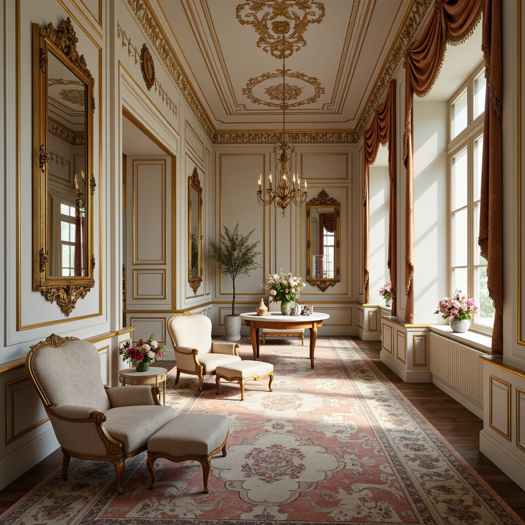 Prompt: Opulent Rococo interior, lavish gold accents, soft creamy whites, rich jewel-toned velvets, ornate mirrors, intricate carvings, luxurious silk fabrics, delicate porcelain vases, whimsical florals, pastel-hued walls, gilded furniture legs, subtle sheen textures, warm candlelight, shallow depth of field, 1/2 composition, soft focus, realistic reflections.