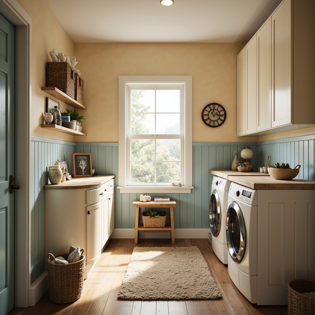 Prompt: Cozy laundry room, warm beige walls, soft creamy cabinets, gentle pastel hues, calming blue accents, crisp white countertops, natural wood flooring, vintage washing machines, rustic metal decor, warm golden lighting, shallow depth of field, 1/1 composition, realistic textures, ambient occlusion.