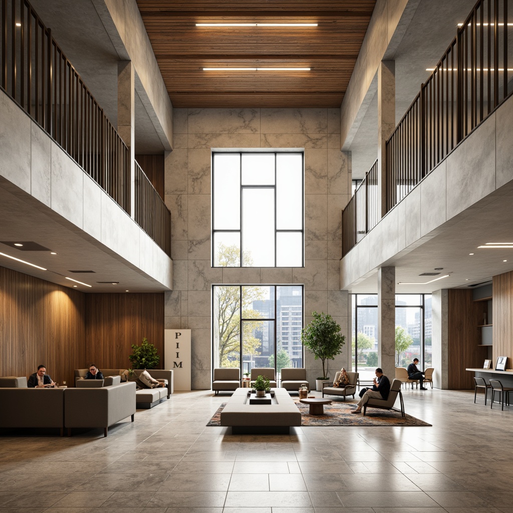 Prompt: Spacious open-plan banking hall, high ceilings, natural stone flooring, wooden accents, sleek metal railings, modern minimalist furniture, comfortable seating areas, subtle branding elements, warm neutral color palette, abundant natural light, floor-to-ceiling windows, urban cityscape views, soft diffused lighting, shallow depth of field, 1/2 composition, realistic textures, ambient occlusion.