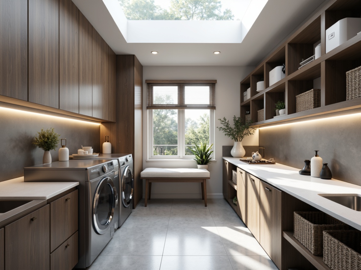 Prompt: Modern laundry room, sleek cabinets, stainless steel appliances, white quartz countertops, grey glass backsplash, LED strip lighting, recessed ceiling lights, pendant lamps, natural daylight, skylight above, minimalist decor, functional layout, industrial-style shelving, metal mesh baskets, woven textiles, calming color scheme, soft warm glow, 1/1 composition, realistic reflections, ambient occlusion.