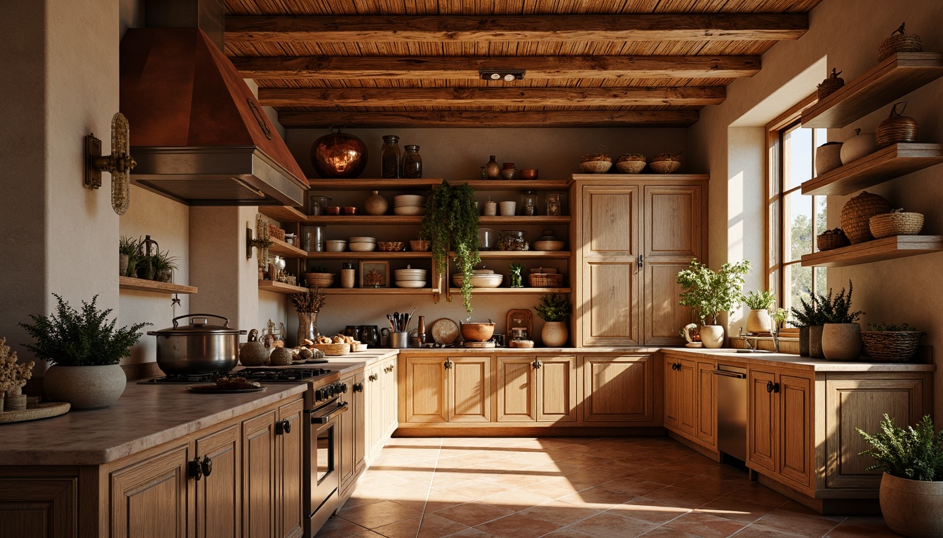 Prompt: Warm Mediterranean pantry, distressed wood cabinetry, ornate metal hardware, earthy terracotta tiles, natural stone countertops, woven rattan baskets, rustic wooden shelves, vintage copper accents, aromatic spice racks, sunny warm lighting, soft focus, shallow depth of field, 1/1 composition, intimate close-up shots, realistic textures, ambient occlusion.