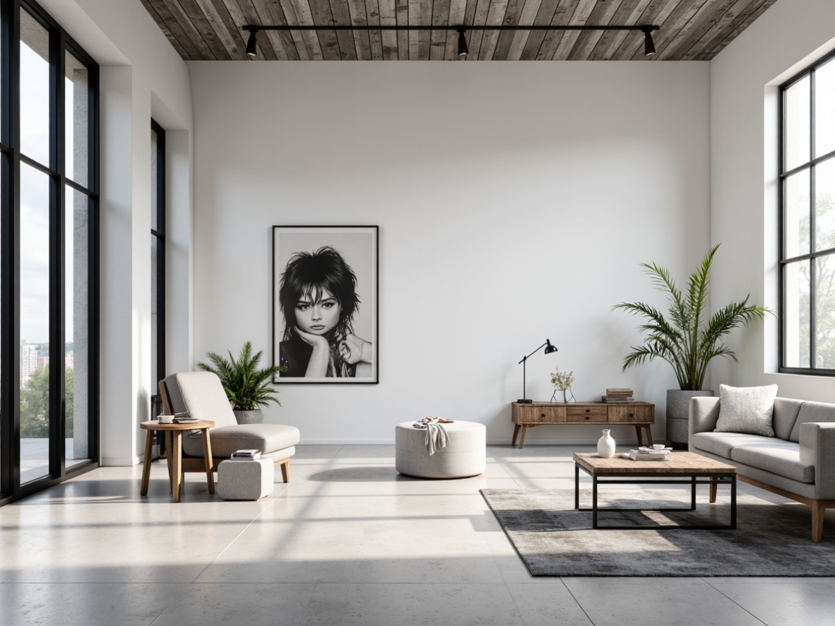 Prompt: Monochromatic interior, clean lines, minimal ornamentation, sleek low-profile furniture, polished concrete floors, matte white walls, industrial metal accents, reclaimed wood textures, floor-to-ceiling windows, abundant natural light, subtle ambient shadows, 1/1 composition, softbox lighting, realistic reflections, atmospheric rendering.